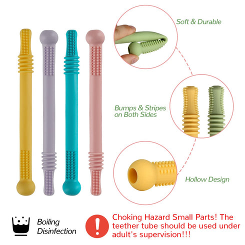 Hollow Teether Tubes, 6 Pack Chew Straw Toy for Infant Toddlers Silicone Teething Toys for Babies, 0-6 Months 6-12 Months BPA Free/Freezable/Dishw...