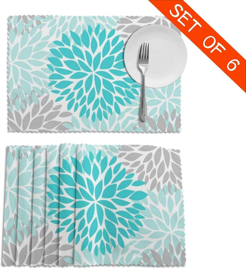 Turquoise Blue and Gray Placemats Set of 6, Washable Table Place Mats for Kitchen Dining Home 12 X 18 Inch...