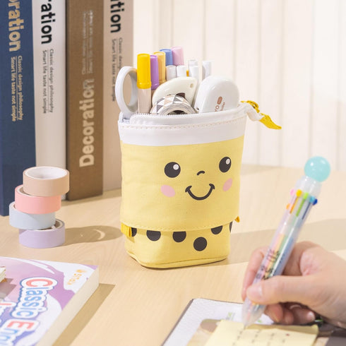 ANGOOBABY Cute Pencil Case Standing Pen Holder Telescopic Makeup Pouch Pop Up Cosmetics Bag with Kawaii Smile Face Stationery case Office Organize...