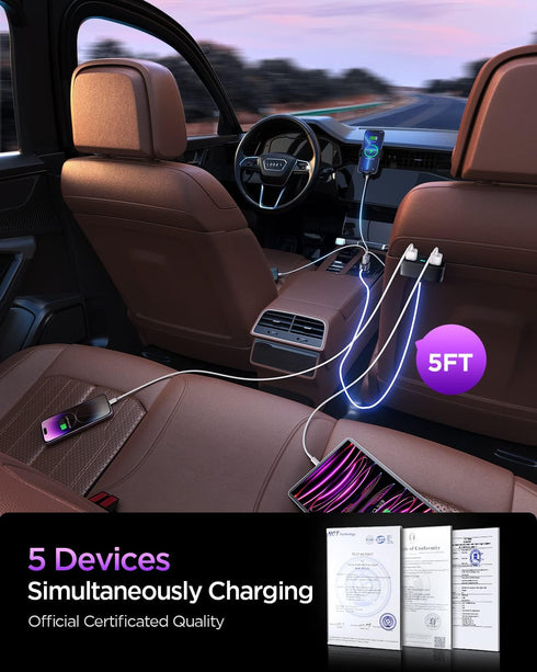5-in-1 Car USB Charger Multi Port, 12V Car Phone Charger Adapter for Multiple Devices, Car Cigarette Lighter USB Charger with 5FT Extension Cable ...