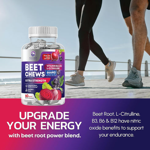 Beet Chews - Soft Beet Root Chewables with Grape Seed Extract Supports Heart Health & Energy with Powerful Antioxidants - Beetroot Nitric Oxide Su...
