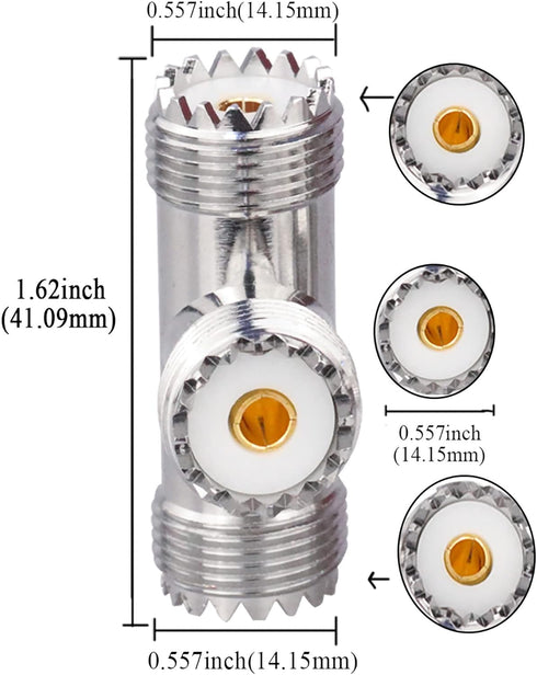 UHF Triple Tee Connector UHF Female to Dual UHF Female 3 Way Splitter Coax Adapter PL259 SO239 T Shape Adapter for Ham Radio CB Antenna 2 Pack...
