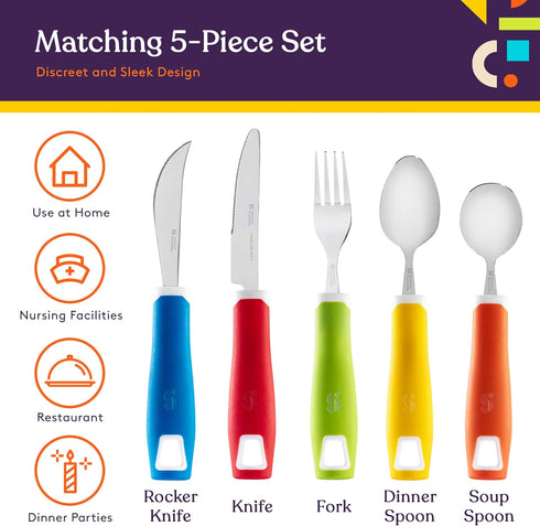 Special Supplies Adaptive Utensils (5-Piece Kitchen Set) Wide, Non-Weighted, Non-Slip Handles for Hand Tremors, Arthritis, Parkinson’s or Elderly ...