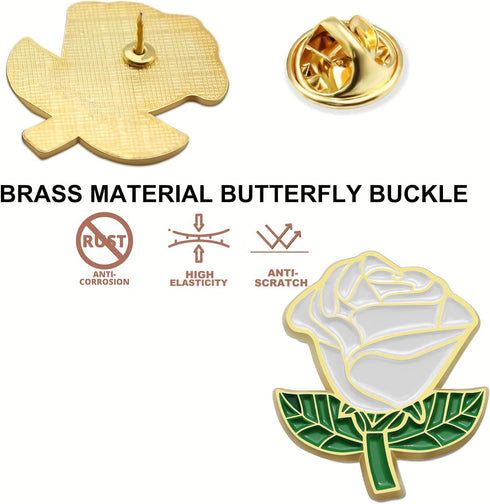 12/50/100Pcs White Rose Pins Bulk 1.2“ - Valentine's Day Flower Enamel Lapel Pin Brooch Badge Gifts For Men Women Clothes Bags Hats...