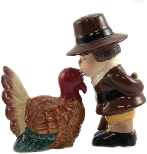 Pacific Giftware Turkey and Pilgrim Magnetic Ceramic Thanksgiving Salt and Pepper Shakers...