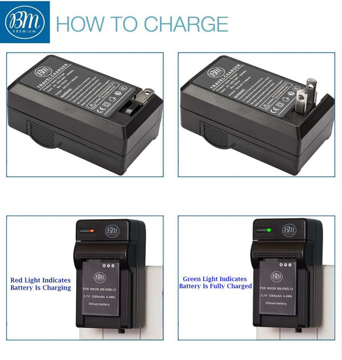 BM Premium EN-EL12 Battery and Charger for Nikon Coolpix A1000 B600 W300 A900 AW100 AW110 AW120 AW130 S6300 S8100 S8200 S9050 S9200 S9300 S9400 S9...
