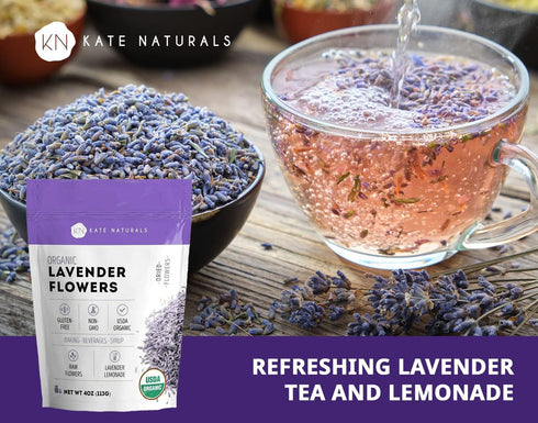 Kate Naturals Dried Lavender Flowers for Tea, Syrup, Lemonade, Soap Making. Edible Culinary Grade Buds (4oz, Organic, Food Grade)...