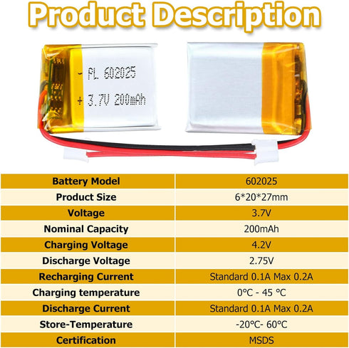 3.7V 200mAh 602025 Lipo Battery Rechargeable Lithium Polymer ion Battery Pack with PH2.0mm JST Connector...