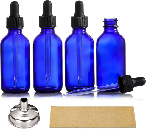 AOZITA 4 Pack, 2 oz Dropper Bottles with 1 Funnel & 4 Labels - 60ml Thick Dark Blue Glass Tincture Bottles with Eye Droppers - Leakproof Essential...