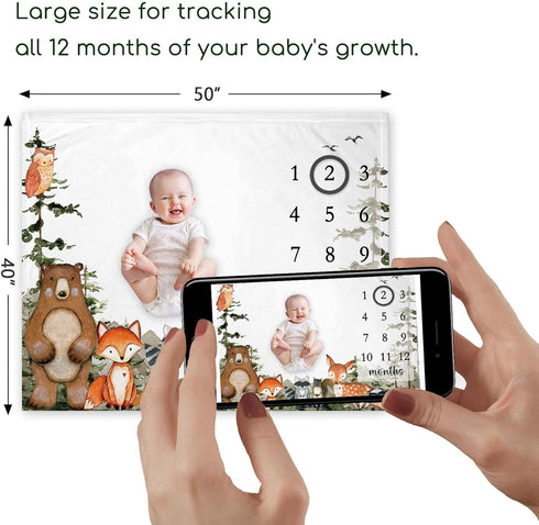 Woodland Baby Milestone Blanket with Birth Stat Sign, Forest Baby Growth Chart Monthly Blanket, Watch Me Grow Woodland Animals Baby Nursery for Ne...