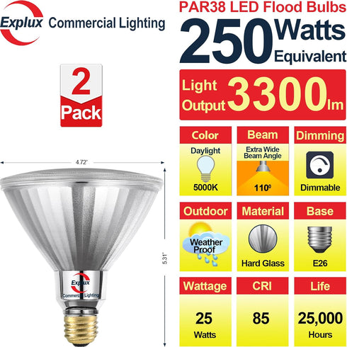 Explux 250 Watt Equivalent PAR38 LED Flood Light Bulbs, Super Bright 3300 Lumens, Dimmable, Full-glass Outdoor Waterproof & Anti-Ageing, 5000K Day...
