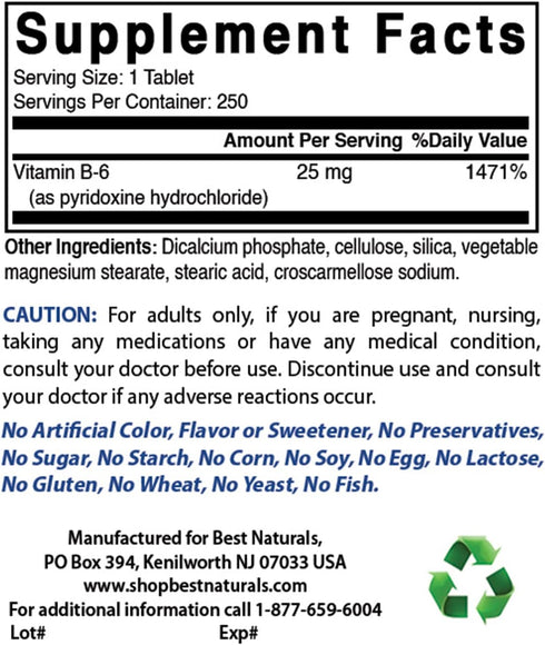 Best Naturals Vitamin B6 25mg 250 tablets (250 Count (Pack of 2))...