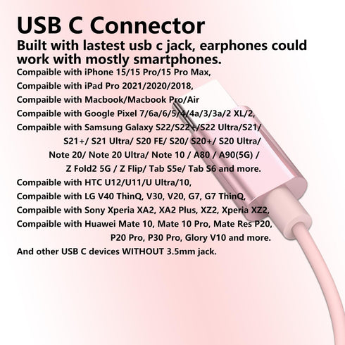 USB C Earbuds Rose Gold, Type C in Ear Headphones Wired, Stereo Bass Pink Earphones with Micphone and Volume Control Compatible with iPhone 15 Sam...