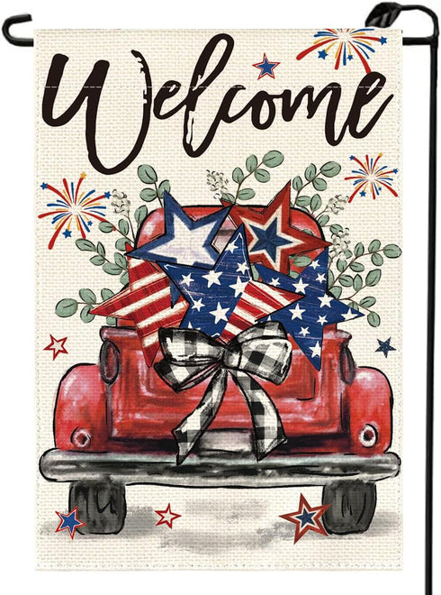 Welcome Patriotic 4th of July Truck Garden Flag 12x18 Inch Double Sided Farmhouse Yard Outdoor Decoration(B)...