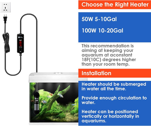 AquaMiracle Upgraded 50W Small Aquarium Heater Fish Tank Heater Turtle Heater Super Mini Aquarium Heater, Dry-Run/Overheating Protection and Memor...