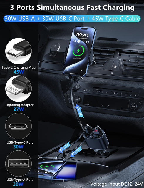 ?Upgraded?Retractable Car Charger 4 in 1, 105W Fast Car Phone Charger with Retractable Cord 2.6ft, USB C and USB Car Charger Adapter, Compatible w...