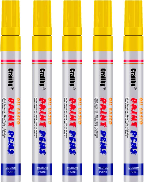 Yellow Paint Markers, 5 Pack Oil-Based Waterproof Quick Dry Permanent Paint Pen Set for Rocks Painting, Wood, Fabric, Plastic, Canvas, Glass, Mugs...