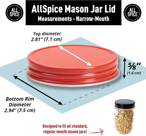 AllSpice Rust-Proof Narrow Mouth Aluminum Metal Mason Jar Lids Leak-Proof 12-Pack (Red Narrow)...