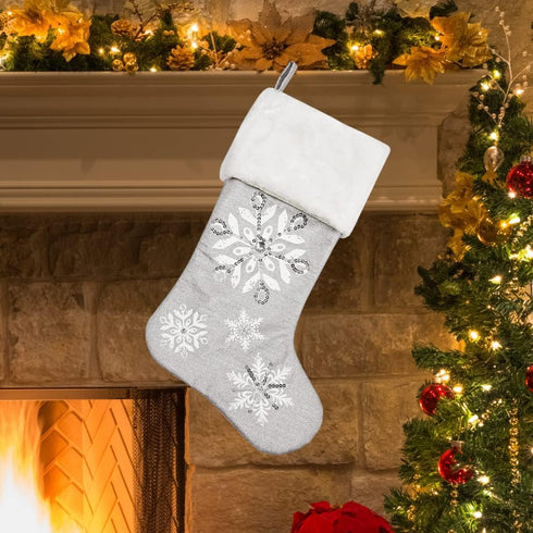 Comfy Hour Let It Snow Collection 18"x11" Silver Snowflake Stocking, Polyester...