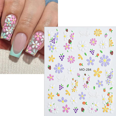 Flower Nail Art Stickers 5D Embossed Self Adhesive Nail Decals Spring Daisy Nail Design Summer Flower Petal Heart Nails Supplies Nail Sticker for ...