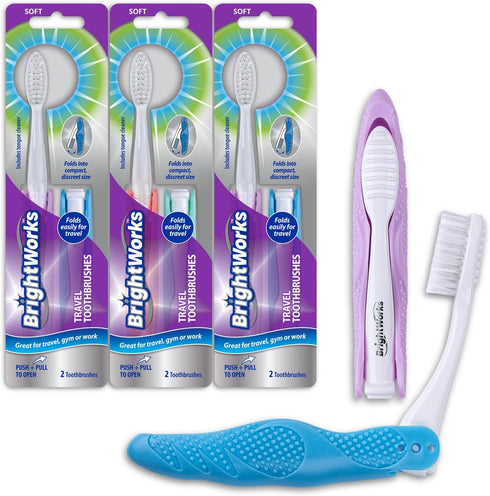 Folding Travel Toothbrush (6 Total, 3 Sets of 2) with Built-in Cover. Portable with Soft Bristles and Tongue Cleaner. for Camping, Hiking, Travel,...