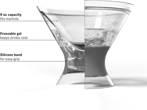 Host Freeze Insulated Martini Cooling Cups, Plastic Freezer Gel Chiller Double Wall Stemless Cocktail Glass Set of 2, 9 oz, Grey...