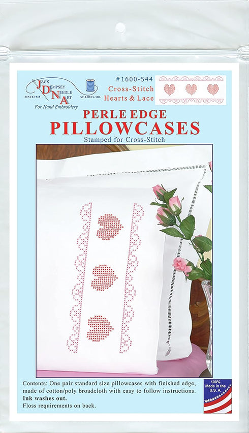 Jack Dempsey Needle Art - Cross-Stitch Hearts & Lace Perle Edge Pillowcases, white...