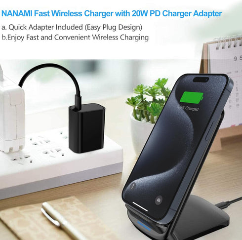 NANAMI Fast Wireless Charger, Qi Certified Wireless Charging Stand with QC3.0 Adapter USB Charger for iPhone 15/14/13/12/SE 2020/11/XS Max,10W Com...