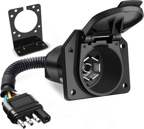 MICTUNING 4-Way Flat to 7-Way Round Blade Trailer Adapter Wiring Plug Connector with Mounting Bracket...