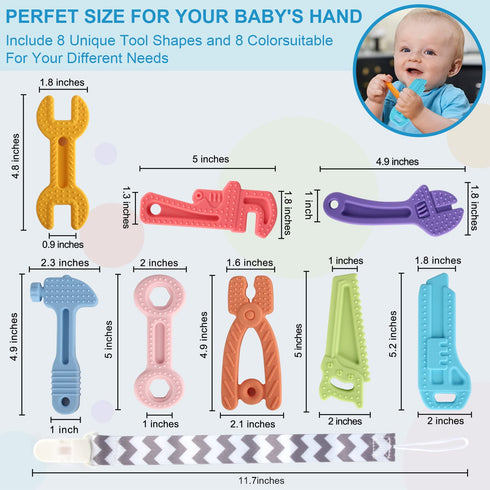 8 Pack Chew Baby Teething Toys for 0-12 Months, Freezable BPA Free Silicone Baby Molar Teether Chew Toys, Hammer Wrench Spanner Pliers Hand Saw Sh...
