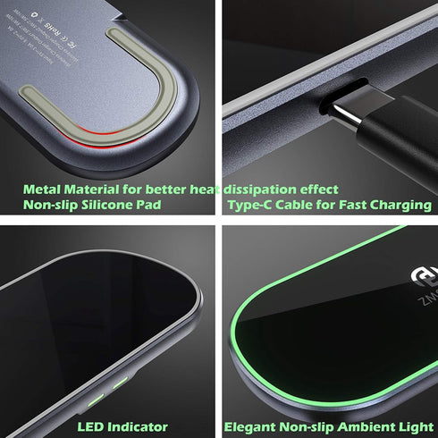 Dual Wireless Charging Mat Fast Wireless Charger iPhone Wireless Charging Pad Station Metal Qi 5 Coils 10W Large Multiple Devices Compatible with ...