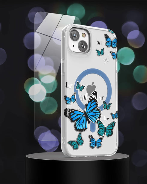 ENCASED Magnetic Case Designed for iPhone 14 with Screen Protector - Compatible with MagSafe Phone Accessories (Blue Butterfly)...