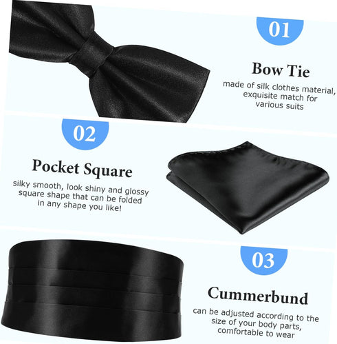 Mens Cummerbund and Bow Tie Set Pocket Square Bow Tie Black Mens Formal Satin Bowtie and Cummerbund Set Gentlemen Suit Accessories for Business We...