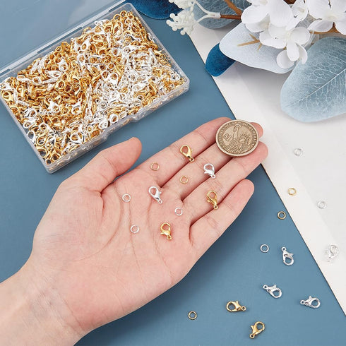 1 Box 400Pcs Lobster Claw Clasp Small Key Chain Clasps & 400Pcs Open Jump Rings Gold Silver Metal Trigger Clasp Findings for Jewelry Making Suppli...