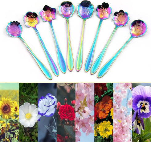 Flower Spoon Set, niceEshop Stainless Steel Teaspoon Colorful Coffee Spoon Tea Spoon Mixing Spoon Sugar Spoon, Set of 8, Rainbow...