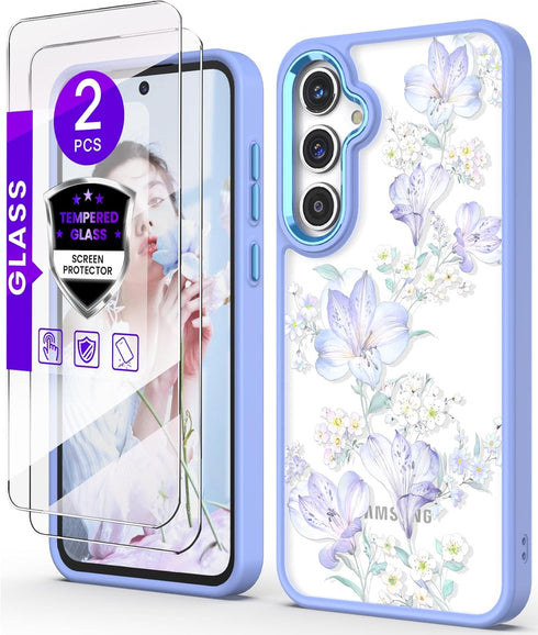 for Samsung Galaxy A35 5G Case+Tempered Glass Screen Protector,Military Grade Protective Slim Soft TPU & Hard PC,Girls Women Crystal Clear Flower ...