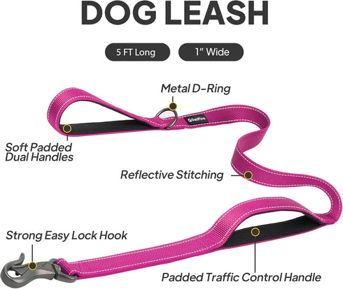 PetiFine 5FT Heavy Duty Dog Leash with Soft Padded Double Handle, Durable Strong Clasp Dog Leashes, Reflective Nylon Walking Lead for Large,Medium...