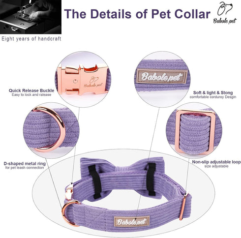 Lavender Dog Collars for Small Dog,Cute Corduroy Dog Collar with Bow Tie Safety Metal Buckle Adjustable Puppy Collars for Small Medium Large Boy&G...