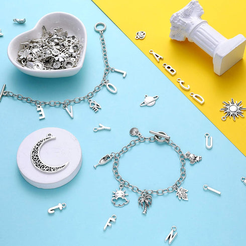 469 Pieces Bangles Making Kit, 10 Pieces Round Link Chain Bracelets with OT Toggle Clasp, 159 Pieces Moon Stars Tibetan Silver Charms and 300 Piec...