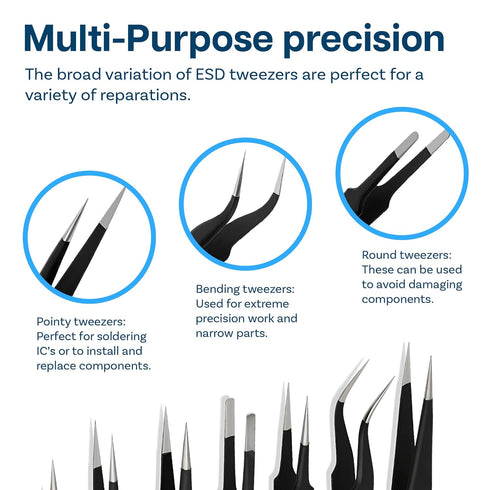 MMOBIEL 10x Industrial Precision ESD Tweezers Anti-Static Stainless Steel for Electronics Tools, Jewelry, Computer, Laboratory Work, Crafts and Ho...