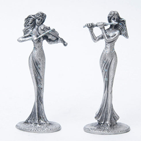 SEHAMANO Set of 2 Girls Playing Violin and Flute Figurine, Metal Sculpture Accent Piece, Ornament, Old-Fashioned Decorative Object for Home, Offic...