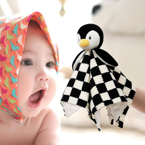 Baby Lovey Blanket for Boys Girls Super Soft Checkerboard Gingham with Minky Dot Fabric Backing Penguin Stuffed Animal Lovely Snuggle Toy Black 14...