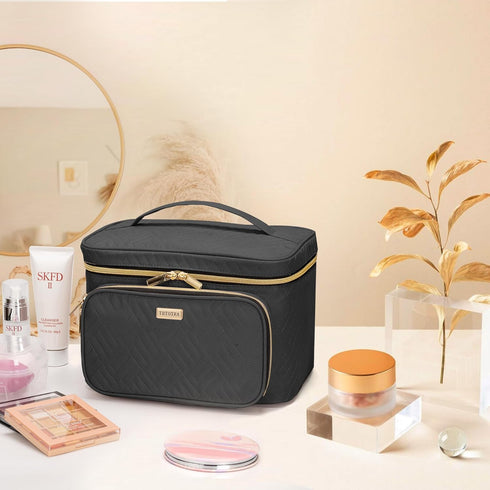 Travel Cosmetic Organizer Bag - Large Makeup Case with Jewelry Storage, Waterproof Toiletry Box for Cosmetics, Brushes, and Tools, Black...
