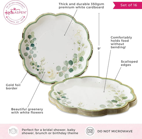 Kate Aspen Sage Green Party Decorations, Eucalyptus Floral 9 in. Decorative Premium Paper Plates (350 GSM weight -Set of 16) - Perfect for Greener...