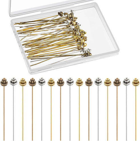60 Pieces Head Pins for Jewelry Making Flower Beads Ball Pins 2.1 Inch with Clear Box for Jewelry Making Earring Bracelet DIY Accessories, Silver,...