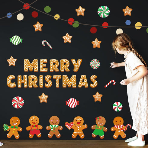 Whaline 76Pcs Merry Christmas Classroom Bulletin Board Decoration Kit Gingerbread Candy Cane Cutouts with Glue Point Red White Stripes Bulletin Bo...