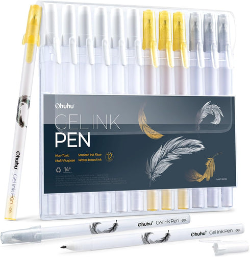 Ohuhu Gold Silver White Gel Pens: 12 Pack Extra Fine Point Pens Opaque Gel Ink Pens Smooth White Ink Pens for Highlight Black Paper Art Drawing Sk...