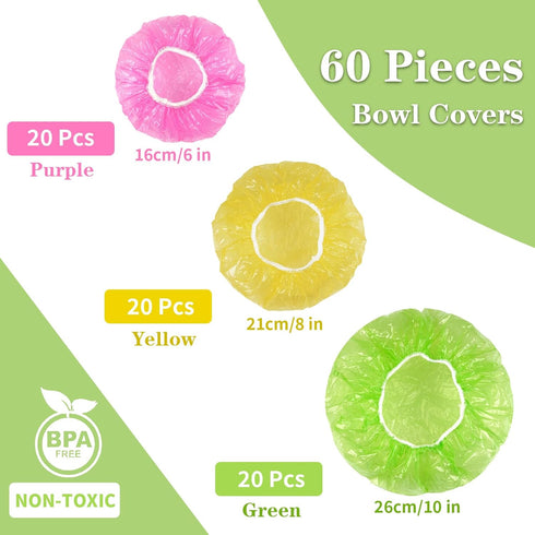 Plastic Bowl Covers Elastic Reusable - 60 PCS Fresh Keeping Bags, 3 Size Food Covers Stretch, Shower Cap Bowl Storage Covers?6/8/10inch?...