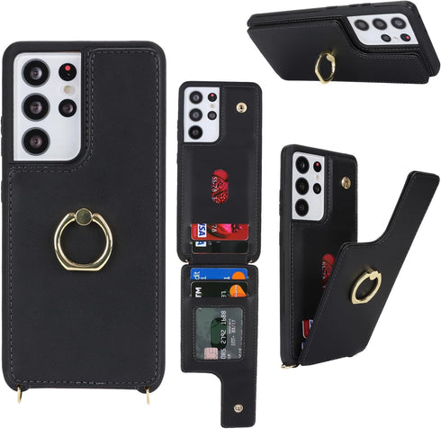 for Samsung Galaxy S21 Ultra Case with Card Holder and Strap for Women,Crossbody Lanyard,Ring Stand,Snap Clasp,Phone Wallet Cases 6.8 inch(Black)....