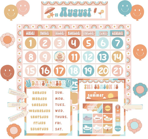 Groovy Calendar Bulletin Board Set Decorations Retro Hippie Calendar Seasons Weather Chart CTP Bulletin Board Paper-Cuts Boho Hippie Wall Decals f...